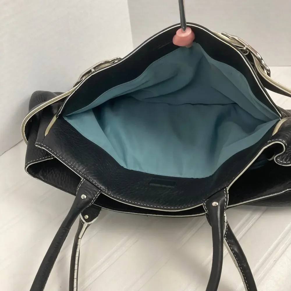 Cole Haan Village Pebbled Leather Bag Black White Trim Buckle Satchel Lined Teal